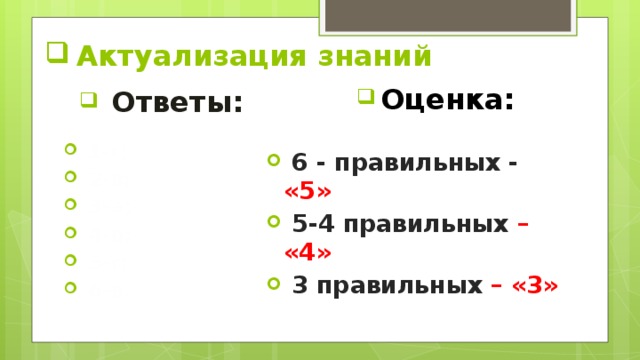 Актуализация знаний   Ответы:   Оценка:   1-г;  2-в;  3-а;  4-б;  5-г;  6-в.   6 - правильных - «5»  5-4 правильных – «4»  3 правильных – «3» 