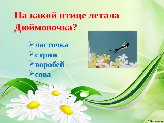 На какой птице летала Дюймовочка? ласточка стриж воробей сова 