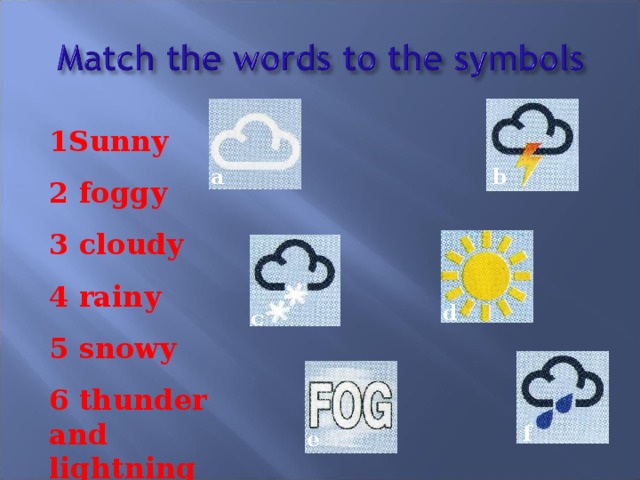 1Sunny 2 foggy 3 cloudy 4 rainy 5 snowy 6 thunder and lightning a b d c f e 