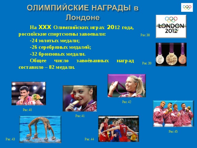 На XXX Олимпийских играх 20 12  года, российские спортсмены завоевали: -24 золотых медали; -26 серебряных медалей; -32 бронзовых медали. Общее число завоёванных наград составило – 82 медали. Рис.38 Рис.39 Рис.42 Рис.40 Рис.41 Рис.45 Рис.44 Рис.43 