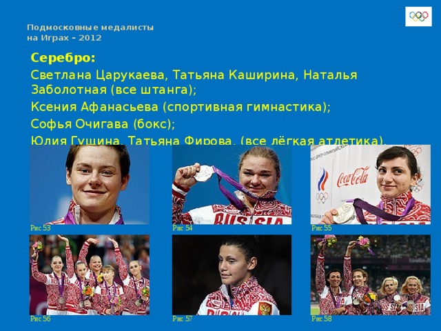 Подмосковные медалисты  на Играх – 2012   Серебро: Светлана Царукаева, Татьяна Каширина, Наталья Заболотная (все штанга); Ксения Афанасьева (спортивная гимнастика); Софья Очигава (бокс); Юлия Гущина, Татьяна Фирова, (все лёгкая атлетика). Рис.55 Рис.54 Рис.53 Рис.56 Рис.57 Рис.58 