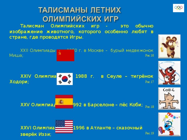 Талисман Олимпийских игр - это обычно изображение животного, которого особенно любят в стране, где проводятся Игры. XXII Олимпиады – в 1980 г. в Москве – бурый медвежонок Миша; XXIV Олимпиады –в 1988 г. в Сеуле – тигрёнок Ходори; XXV Олимпиады – в 1992 в Барселоне – пёс Коби; XXVI Олимпиады – в 1996 в Атланте – сказочный зверёк Иззи; Рис.16 Рис.17 Рис.18 Рис.19  