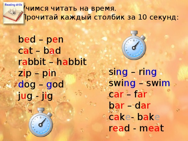 Учимся читать на время. Прочитай каждый столбик за 10 секунд: b e d – p e n c a t – b a d r a bbit – h a bbit z i p – p i n d og – g od j u g - j i g si ng – ri ng swi ng – swi m c ar – f ar b ar – d ar c a k e - b a k e r ea d - m ea t 