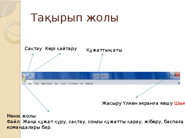 Тақырып жолы Сақтау Кері қайтару Құжаттың аты Жасыру Үлкен экранға көшу Шығу Меню жолы: Файл: Жаңа құжат құру, сақтау, соңғы құжатты қарау, жіберу, баспаға шығару командалары бар. 