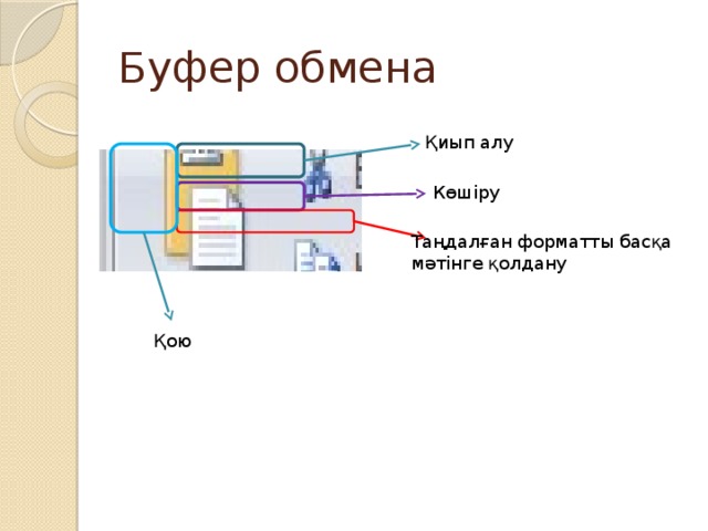 Буфер обмена Қиып алу Көшіру Таңдалған форматты басқа мәтінге қолдану Қою 