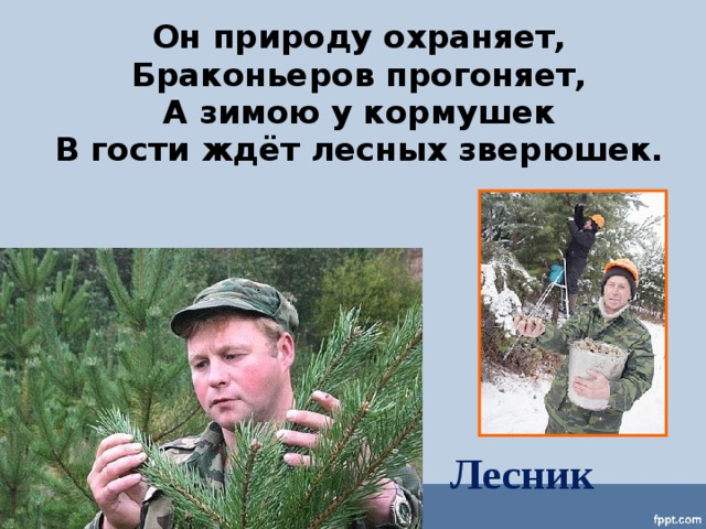 Он природу охраняет, Браконьеров прогоняет, А зимою у кормушек В гости ждёт лесных зверюшек. Лесник 