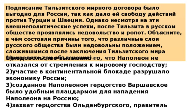 Подписание Тильзитского мирного договора было выгодно для России, так как дало ей свободу действий против Турции и Швеции. Однако несмотря на эти внешнеполитические успехи, после Тильзита в русском обществе проявлялись недовольство и ропот. Объясните, в чём состояли причины того, что различные слои русского общества были недовольны положением, сложившимся после заключения Тильзитского мира (приведите три объяснения). 1)недовольство вызывало то, что Наполеон не отказался от стремления к мировому господству; 2)участие в континентальной блокаде разрушало экономику России; 3)созданное Наполеоном герцогство Варшавское было удобным плацдармом для нападения Наполеона на Россию; 4)захват герцогства Ольденбургского, правитель которого приходился дядей русскому императору, был оскорблением для дома Романовых. 