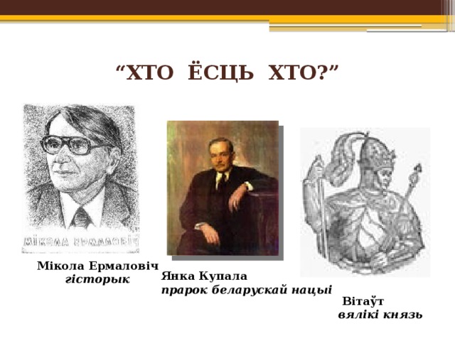 “ ХТО ЁСЦЬ ХТО?”   Мікола Ермаловіч гісторык Янка Купала прарок беларускай нацыі  Вітаўт вялікі князь 