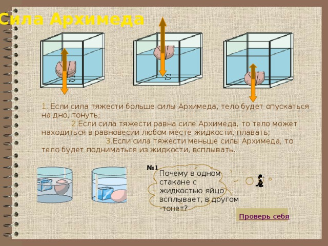 Сила Архимеда  1. Если сила тяжести больше силы Архимеда, тело будет опускаться на дно, тонуть; 2. Если сила тяжести равна силе Архимеда, то тело может находиться в равновесии любом месте жидкости, плавать; 3. Если сила тяжести меньше силы Архимеда, то тело будет подниматься из жидкости, всплывать. № 1 Почему в одном стакане с жидкостью яйцо всплывает, в другом -тонет?  Проверь себя 