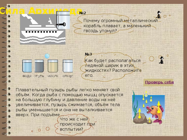 Сила Архимеда № 2 Почему огромный металлический корабль плавает, а маленький гвоздь утонул? № 3 Как будет располагаться ледяной шарик в этих жидкостях? Расположите его.  Проверь себя Плавательный пузырь рыбы легко меняет свой объём. Когда рыба с помощью мышц опускается на большую глубину и давление воды на неё увеличивается, пузырь сжимается, объём тела рыбы уменьшается и она не выталкивается вверх. При подъёме… Что же с ней происходит при всплытии? 