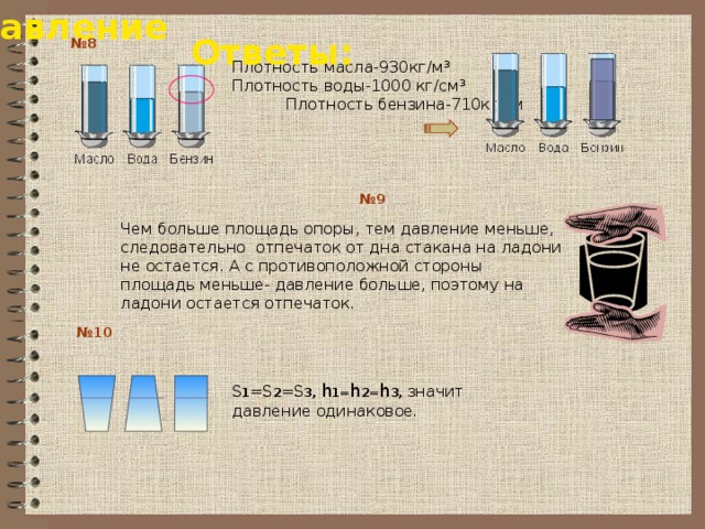 Давление Ответы: № 8 Плотность масла-930кг/м³ Плотность воды-1000 кг/см³ Плотность бензина-710кг/см № 9 Чем больше площадь опоры, тем давление меньше, следовательно отпечаток от дна стакана на ладони не остается. А с противоположной стороны площадь меньше- давление больше, поэтому на ладони остается отпечаток. № 10 S 1 =S 2 =S 3, h 1= h 2= h 3, значит давление одинаковое . 