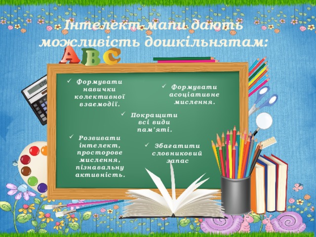 Інтелект-мапи дають можливість дошкільнятам: Формувати навички колективної взаємодії. Формувати асоціативне мислення. Покращити всі види пам’яті. Розвивати інтелект, просторове мислення, пізнавальну активність. Збагатити словниковий запас 