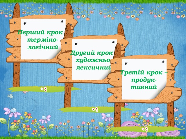 Перший крок – терміно- логічний Другий крок – художньо- лексичний Третій крок – продук- тивний 