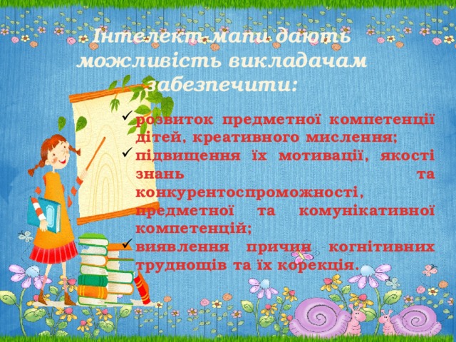 Інтелект-мапи дають можливість викладачам забезпечити: розвиток предметної компетенції дітей, креативного мислення; підвищення їх мотивації, якості знань та конкурентоспроможності, предметної та комунікативної компетенцій; виявлення причин когнітивних труднощів та їх корекція. 