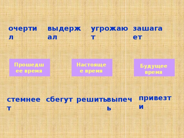 очертил выдержал зашагает угрожают Прошедшее время Настоящее время Будущее время привезти выпечь решить сбегут стемнеет 