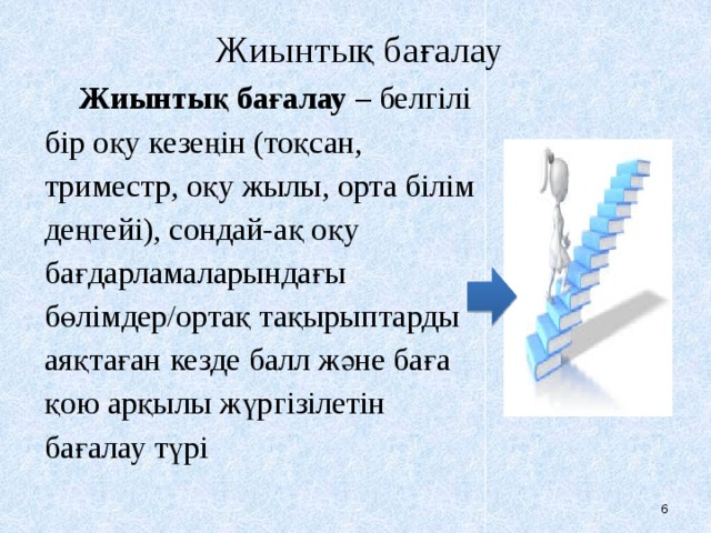 Жиынтық бағалау Жиынтық бағалау – белгілі бір оқу кезеңін (тоқсан, триместр, оқу жылы, орта білім деңгейі), сондай-ақ оқу бағдарламаларындағы бөлімдер/ортақ тақырыптарды аяқтаған кезде балл және баға қою арқылы жүргізілетін бағалау түрі    