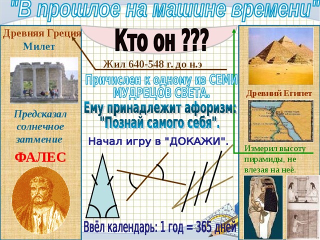 Древняя Греция  Милет Жил 640-548 г. до н.э  Древний Египет Предсказал солнечное затмение Измерил высоту пирамиды, не влезая на неё. ФАЛЕС 