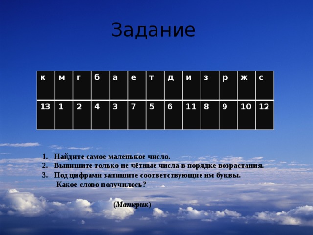 ( Материк ) Задание к м 13 г 1 б 2 4 а е 3 т 7 д 5 6 и з 11 р 8 ж 9 10 с 12 Найдите самое маленькое число. Выпишите только не чётные числа в порядке возрастания. Под цифрами запишите соответствующие им буквы.  Какое слово получилось? 
