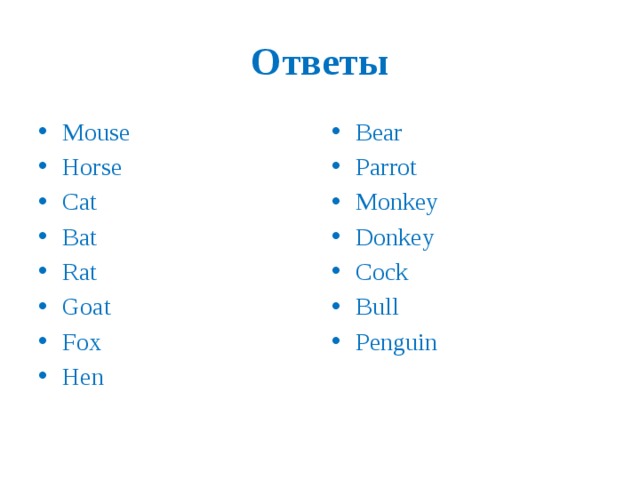 Ответы Mouse Horse Cat Bat Rat Goat Fox Hen Bear Parrot Monkey Donkey Cock Bull Penguin 