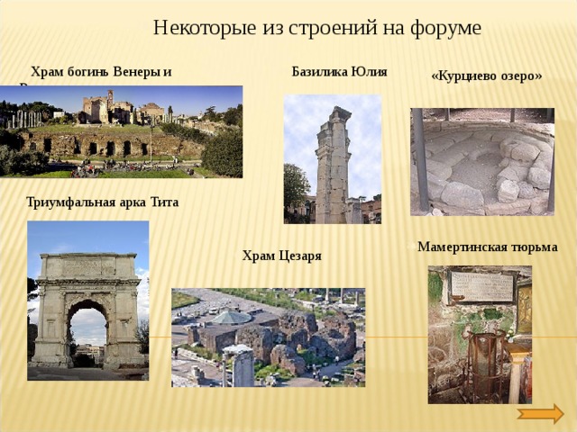 Некоторые из строений на форуме Храм богинь Венеры и Ромы Базилика Юлия «Курциево озеро» Триумфальная арка Тита Мамертинская тюрьма Храм Цезаря 