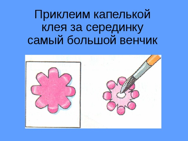 Приклеим капелькой  клея за серединку  самый большой венчик 