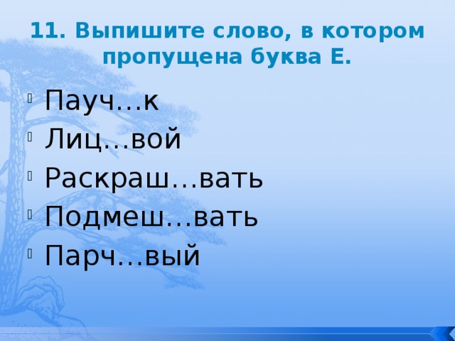 11. Выпишите слово, в котором пропущена буква Е. Пауч…к Лиц…вой Раскраш…вать Подмеш…вать Парч…вый 