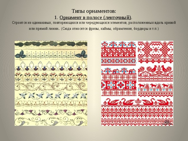 Типы орнаментов:  1. Орнамент в полосе (ленточный) .  Строится из одинаковых, повторяющихся или чередующихся элементов, расположенных вдоль кривой или прямой линии . (Сюда относятся фризы, каймы, обрамления, бордюры и т.п.) 