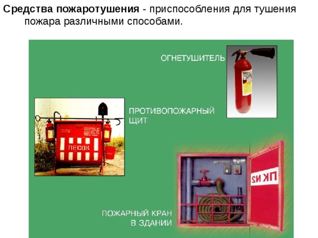 Средства пожаротушения - приспособления для тушения пожара различными способами. 