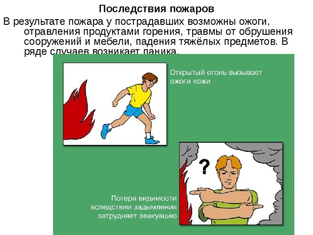 Последствия пожаров В результате пожара у пострадавших возможны ожоги, отравления продуктами горения, травмы от обрушения сооружений и мебели, падения тяжёлых предметов. В ряде случаев возникает паника. 