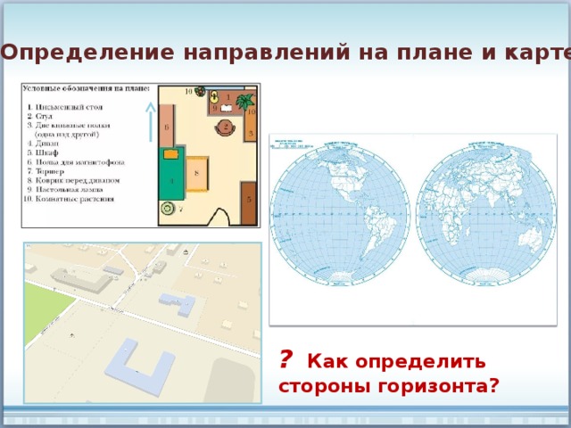 Определение  направлений на плане и карте ?  Как определить стороны горизонта? 