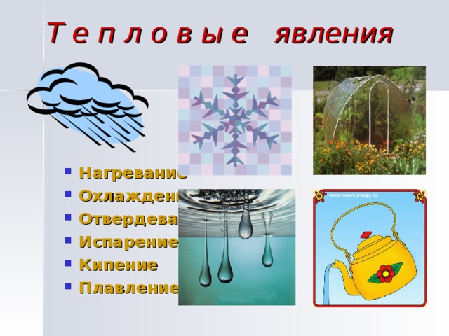 Т е п л о в ы е явления Нагревание Охлаждение Отвердевание Испарение Кипение Плавление  