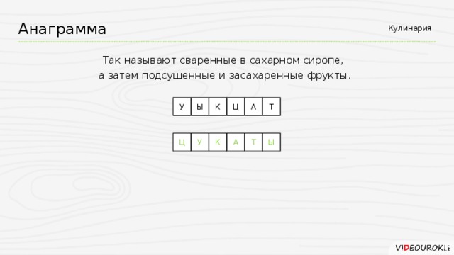 Кулинария Анаграмма Так называют сваренные в сахарном сиропе,  а затем подсушенные и засахаренные фрукты. У Ы К Ц А Т Ц У К А Т Ы