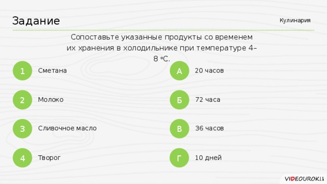 Кулинария Задание Сопоставьте указанные продукты со временем их хранения в холодильнике при температуре 4–8 о С. А 1 Сметана 20 часов 2 Б Молоко 72 часа 3 В 36 часов Сливочное масло 4 Г Творог 10 дней