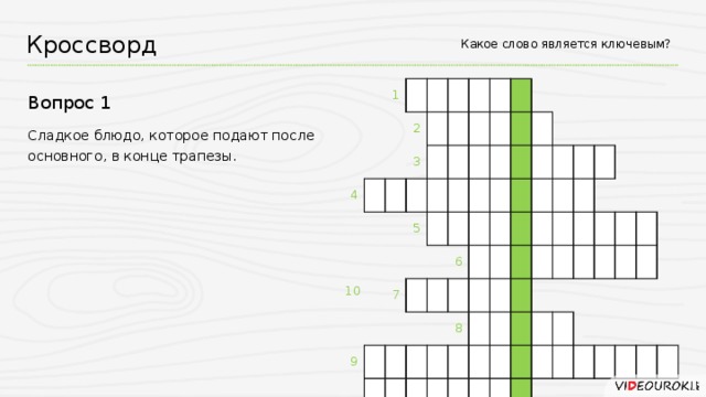 Какое слово является ключевым? Кроссворд 1 4 2 3 5 9 7 6 8 Вопрос 1 Сладкое блюдо, которое подают после основного, в конце трапезы. 10