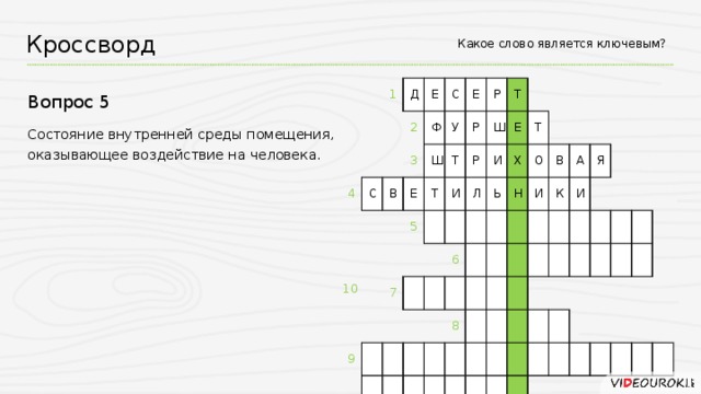 Какое слово является ключевым? Кроссворд 1 Д 4 2 Е С 3 Ф В С Е Ш У Е Т 5 Т Р Р 9 7 И Т Р Ш Л И Е 6 Ь Х Т Н О 8 В И К А Я И Вопрос 5 Состояние внутренней среды помещения, оказывающее воздействие на человека. 10