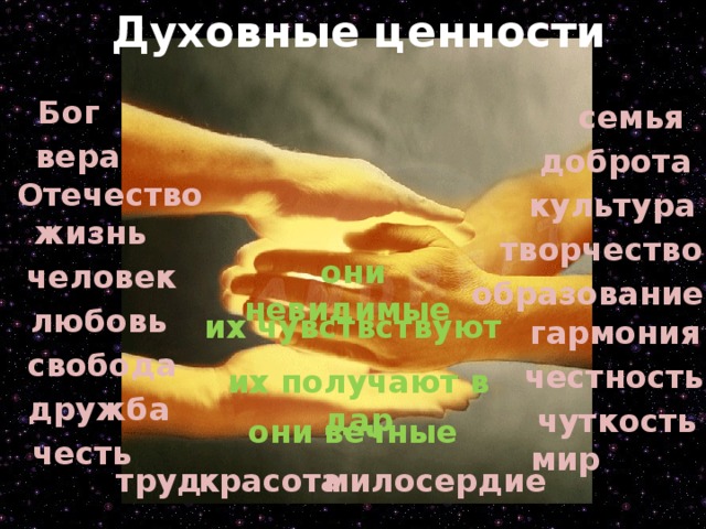 Духовные ценности Бог семья вера доброта Отечество культура жизнь творчество они невидимые человек образование любовь их чувствствуют гармония свобода честность их получают в дар дружба чуткость они вечные честь мир милосердие красота труд