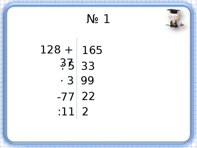 № 1 128 + 37 165  : 5 33 · 3 99 22 -77 :11 2 