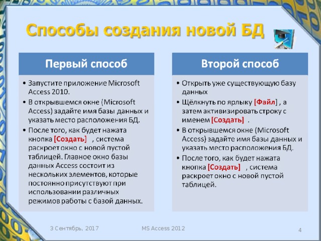 3 Сентябрь, 2017 MS Access 2012   