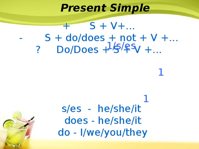 Present Simple + S + V+... - S + do/does + not + V +... ? Do/Does + S + V +... 1/s/es 1 1 s/es - he/she/it does - he/she/it do - I/we/you/they 