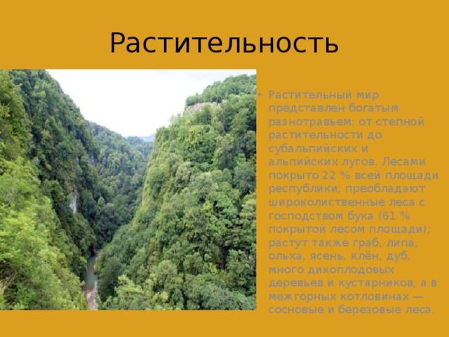 Растительность Растительный мир представлен богатым разнотравьем: от степной растительности до субальпийских и альпийских лугов. Лесами покрыто 22 % всей площади республики; преобладают широколиственные леса с господством бука (61 % покрытой лесом площади); растут также граб, липа, ольха, ясень, клён, дуб, много дикоплодовых деревьев и кустарников, а в межгорных котловинах — сосновые и березовые леса. 