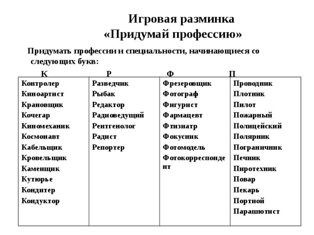  Игровая разминка  «Придумай профессию»  Придумать профессии и специальности, начинающиеся со следующих букв:  К Р Ф П  Контролер Киноартист Крановщик Кочегар Киномеханик Космонавт Кабельщик Кровельщик Каменщик Кутюрье Кондитер Кондуктор Разведчик Рыбак Редактор Радиоведущий Рентгенолог Радист Репортер   Фрезеровщик Фотограф Фигурист Фармацевт Фтизиатр Фокусник Фотомодель Фотокорреспондент  Проводник Плотник Пилот Пожарный Полицейский Полярник Пограничник Печник Пиротехник Повар Пекарь Портной Парашютист 