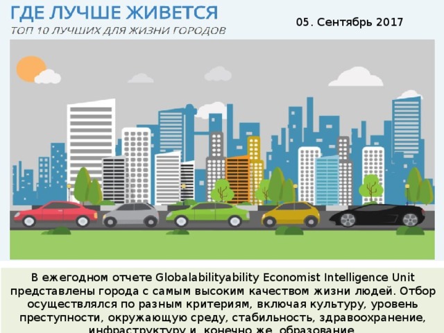 05. Сентябрь 2017 В ежегодном отчете Globalabilityability Economist Intelligence Unit представлены города с самым высоким качеством жизни людей. Отбор осуществлялся по разным критериям, включая культуру, уровень преступности, окружающую среду, стабильность, здравоохранение, инфраструктуру и, конечно же, образование. 