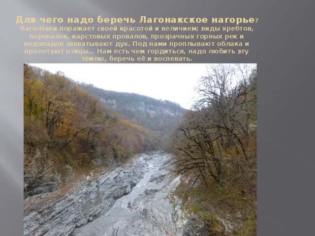 Для чего надо беречь Лагонакское нагорье ?  Лаго-Наки поражает своей красотой и величием; виды хребтов, перевалов, карстовых провалов, прозрачных горных рек и водопадов захватывают дух. Под нами проплывают облака и пролетают птицы… Нам есть чем гордиться, надо любить эту землю, беречь её и воспевать.       