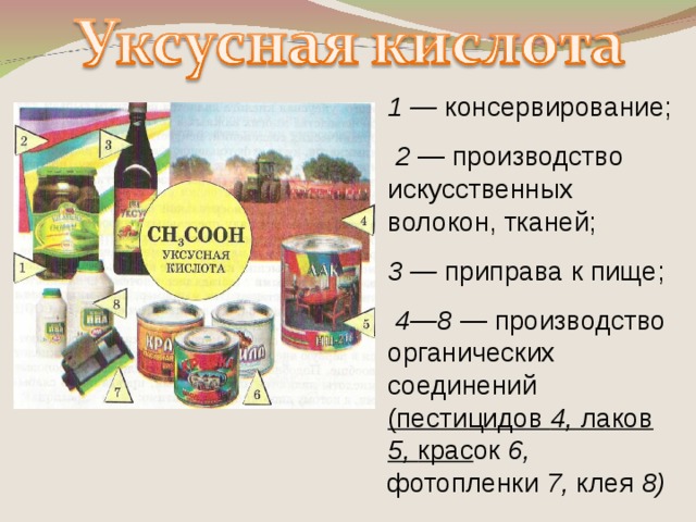 1 — консервирование;  2 — производство искусственных волокон, тканей; 3 — приправа к пище;  4—8 — производство органических соединений (пестицидов 4, лаков 5, крас ок 6, фотопленки 7, клея 8 )