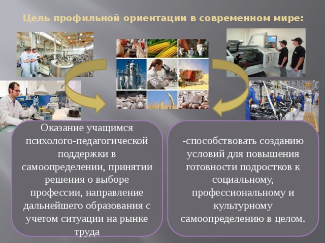 Цель профильной ориентации в современном мире: Оказание учащимся психолого-педагогической поддержки в самоопределении, принятии решения о выборе профессии, направление дальнейшего образования с учетом ситуации на рынке труда -способствовать созданию условий для повышения готовности подростков к социальному, профессиональному и культурному самоопределению в целом. 