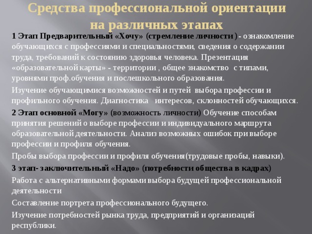 Средства профессиональной ориентации на различных этапах 1 Этап Предварительный «Хочу» (стремление личности ) - ознакомление обучающихся с профессиями и специальностями, сведения о содержании труда, требований к состоянию здоровья человека. Презентация «образовательной карты» - территории , общее знакомство с типами, уровнями проф.обучения и послешкольного образования. Изучение обучающимися возможностей и путей выбора профессии и профильного обучения. Диагностика интересов, склонностей обучающихся. 2 Этап основной «Могу» (возможность личности) Обучение способам принятия решений о выборе профессии и индивидуального маршрута образовательной деятельности. Анализ возможных ошибок при выборе профессии и профиля обучения. Пробы выбора профессии и профиля обучения(трудовые пробы, навыки). 3 этап- заключительный «Надо» (потребности общества в кадрах) Работа с альтернативными формами выбора будущей профессиональной деятельности Составление портрета профессионального будущего. Изучение потребностей рынка труда, предприятий и организаций республики. 