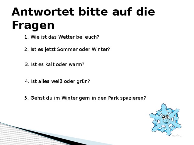 Antwortet bitte auf die Fragen 1. Wie ist das Wetter bei euch? 2. Ist es jetzt Sommer oder Winter? 3. Ist es kalt oder warm? 4. Ist alles weiβ oder grün? 5. Gehst du im Winter gern in den Park spazieren? 