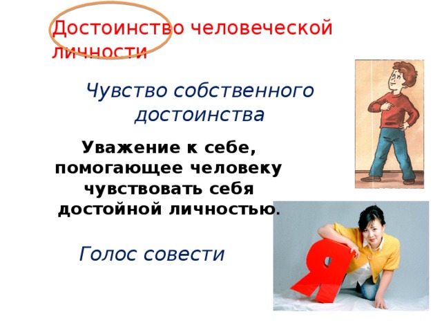 Достоинство человеческой личности Чувство собственного достоинства Уважение к себе, помогающее человеку чувствовать себя достойной личностью . Голос совести 