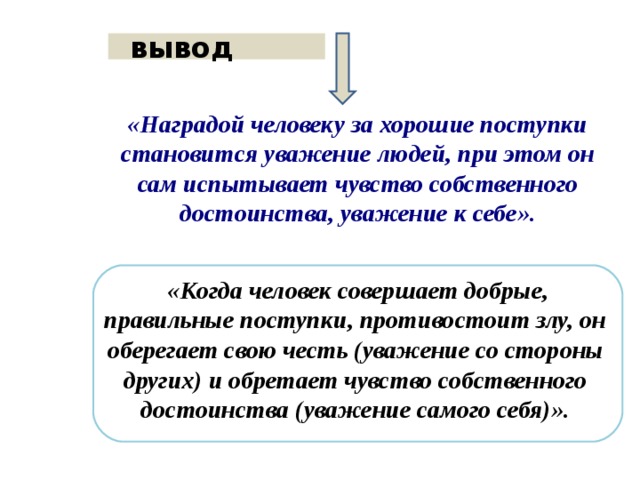 вывод «Наградой человеку за хорошие поступки становится уважение людей, при этом он сам испытывает чувство собственного достоинства, уважение к себе».  «Когда человек совершает добрые, правильные поступки, противостоит злу, он оберегает свою честь (уважение со стороны других) и обретает чувство собственного достоинства (уважение самого себя)». 