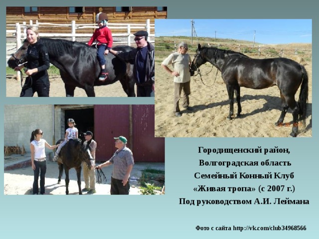 Городищенский район,  Волгоградская область  Семейный Конный Клуб «Живая тропа» (с 2007 г.) Под руководством А.И. Леймана Фото с сайта http://vk.com/club34968566 